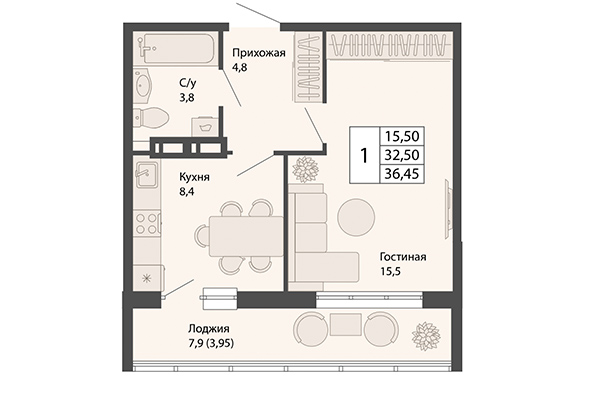 1-комнатная квартира 36,45 м² в ЖК Родина. Планировка
