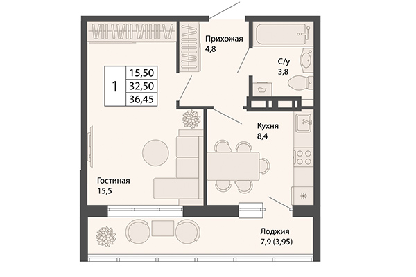 1-комнатная квартира 36,46 м² в ЖК Родина. Планировка