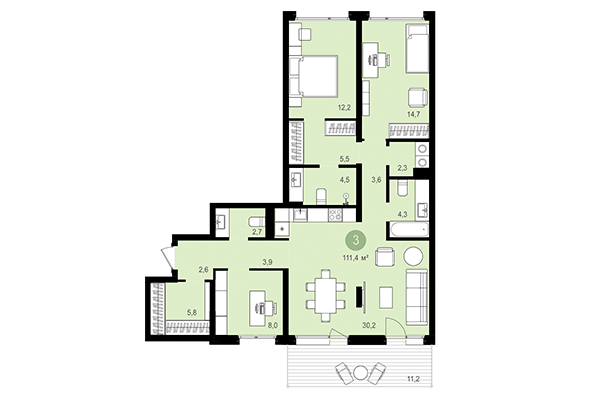 3-комнатная квартира 111,40 м² в Квартал Авиатор. Планировка