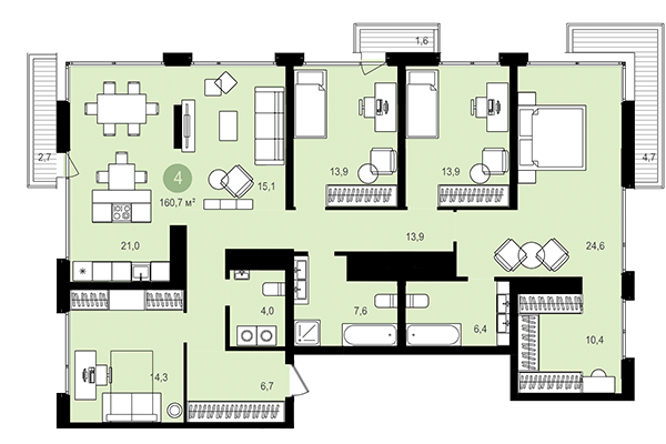 4-комнатная квартира 160,70 м² в Квартал Авиатор. Планировка