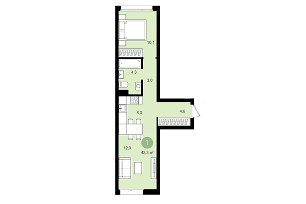 1-комнатная квартира 42,30 м² в Квартал Авиатор. Планировка