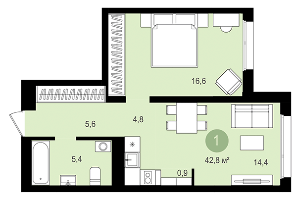 1-комнатная квартира 42,80 м² в Квартал Авиатор. Планировка