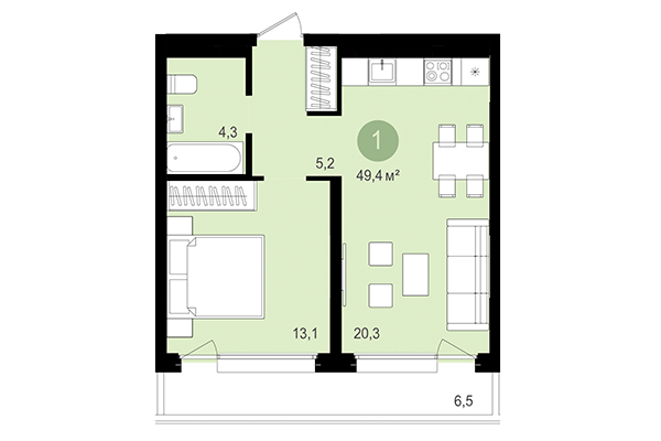 1-комнатная квартира 49,40 м² в Квартал Авиатор. Планировка