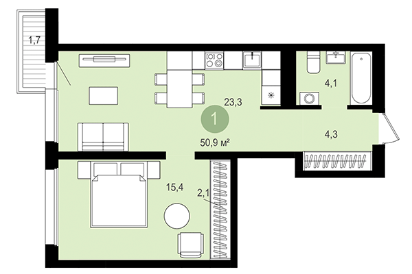 1-комнатная квартира 50,90 м² в Квартал Авиатор. Планировка