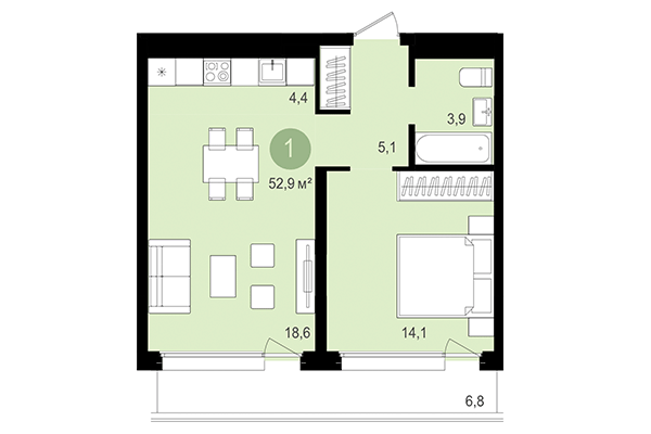 1-комнатная квартира 52,90 м² в Квартал Авиатор. Планировка