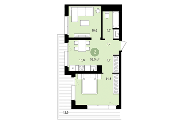 2-комнатная квартира 58,50 м² в Квартал Авиатор. Планировка