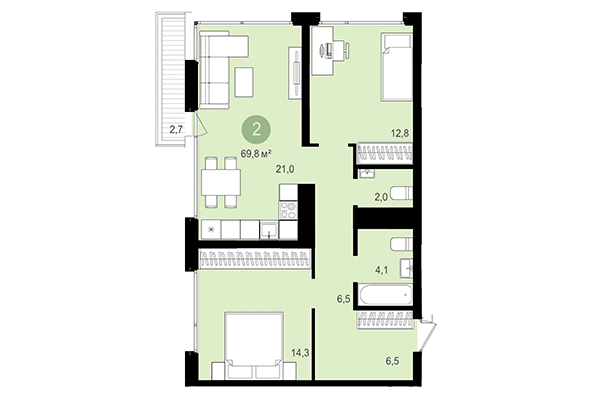 2-комнатная квартира 69,80 м² в Квартал Авиатор. Планировка