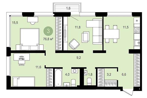 3-комнатная квартира 76,80 м² в Квартал Авиатор. Планировка