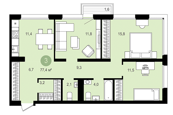 3-комнатная квартира 77,40 м² в Квартал Авиатор. Планировка