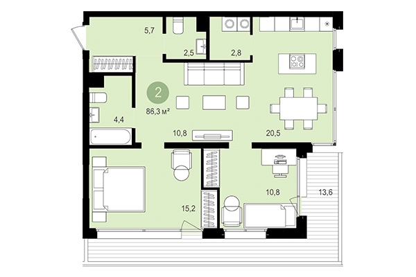 2-комнатная квартира 86,30 м² в Квартал Авиатор. Планировка