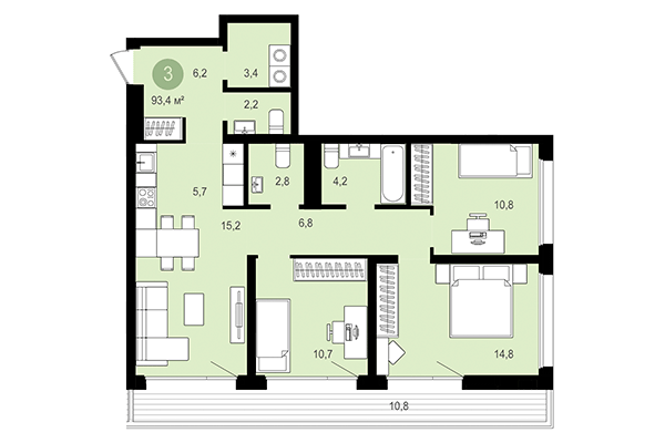 3-комнатная квартира 93,40 м² в Квартал Авиатор. Планировка