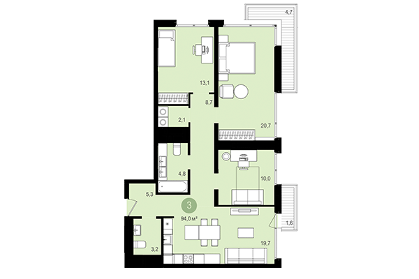 3-комнатная квартира 94,00 м² в Квартал Авиатор. Планировка