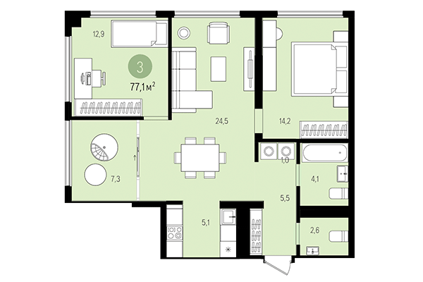 2-комнатная квартира 77,11 м² в Квартал на Декабристов. Планировка