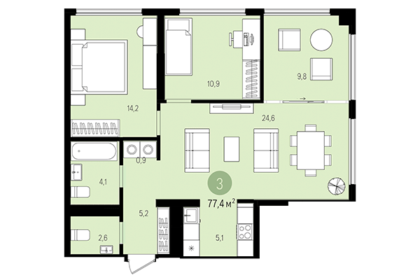 2-комнатная квартира 77,40 м² в Квартал на Декабристов. Планировка