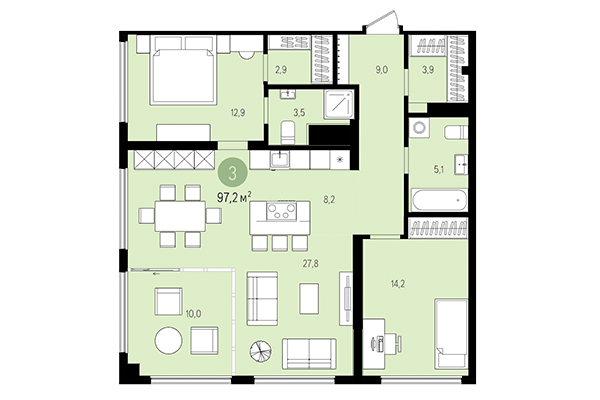 3-комнатная квартира 97,20 м² в Квартал на Декабристов. Планировка