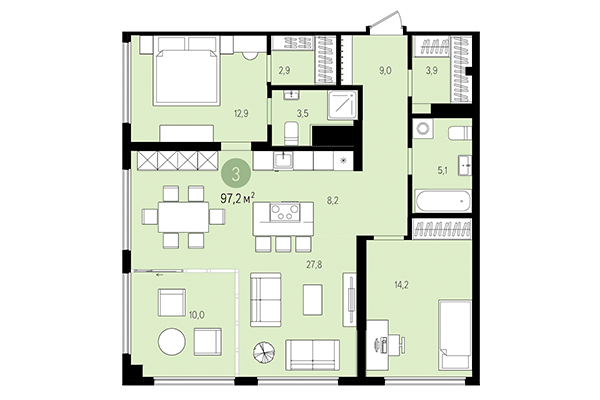3-комнатная квартира 97,21 м² в Квартал на Декабристов. Планировка