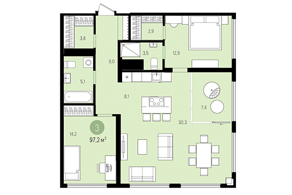 3-комнатная квартира 97,23 м² в Квартал на Декабристов. Планировка