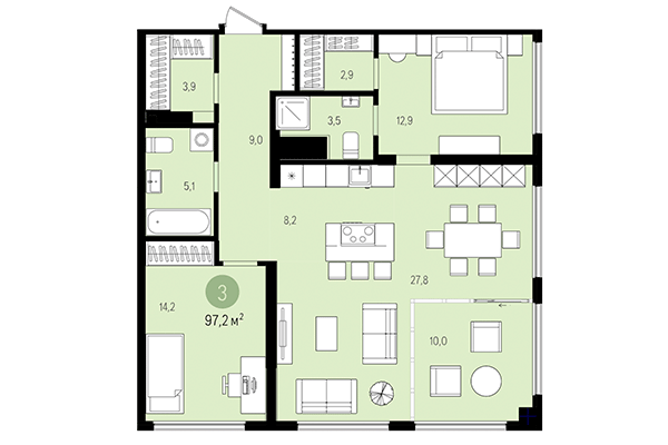 3-комнатная квартира 97,24 м² в Квартал на Декабристов. Планировка