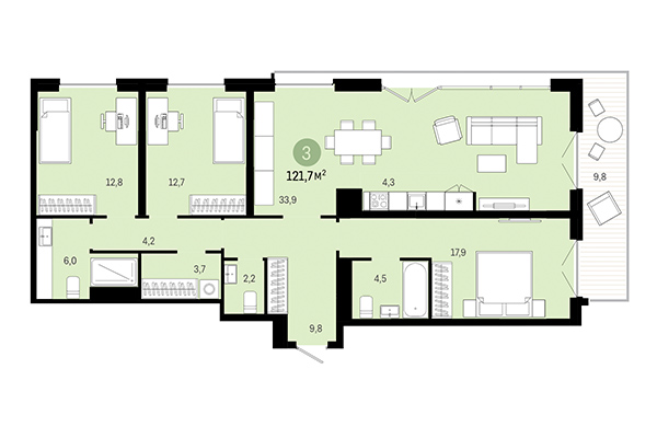 3-комнатная квартира 121,70 м² в Европейский берег. Планировка