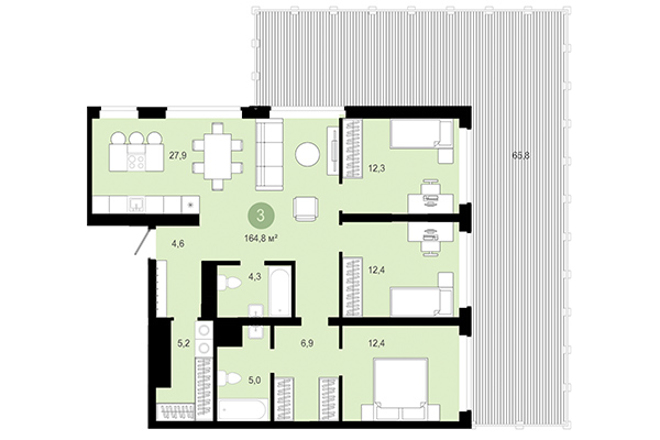 3-комнатная квартира 164,80 м² в Европейский берег. Планировка