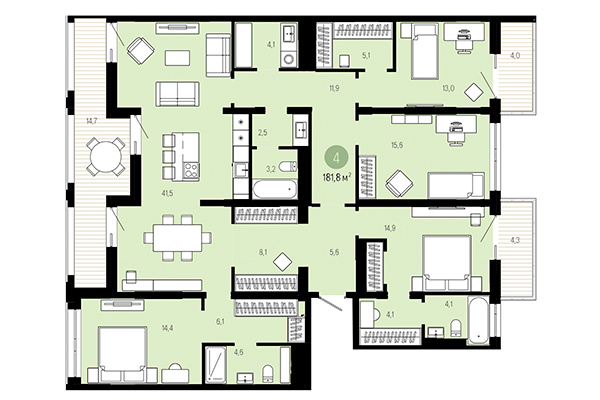 4-комнатная квартира 181,80 м² в Европейский берег. Планировка