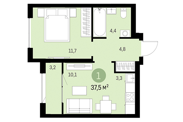 1-комнатная квартира 37,50 м² в Европейский берег. Планировка