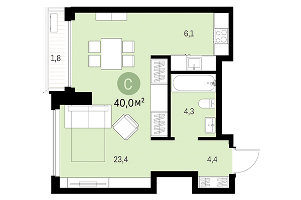1-комнатная квартира 40,00 м² в Европейский берег. Планировка