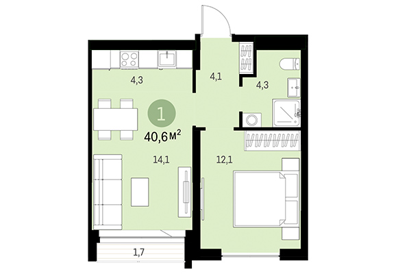 1-комнатная квартира 40,60 м² в Европейский берег. Планировка