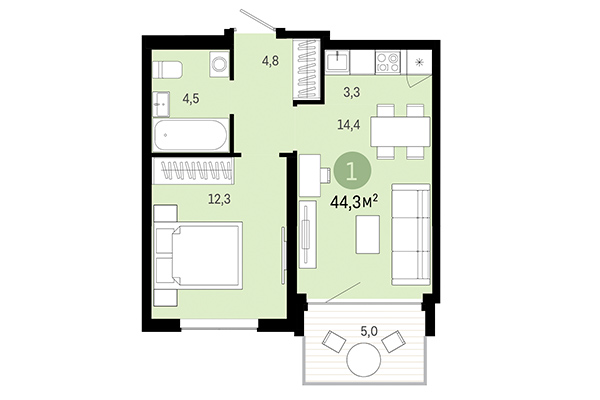 1-комнатная квартира 44,30 м² в Европейский берег. Планировка