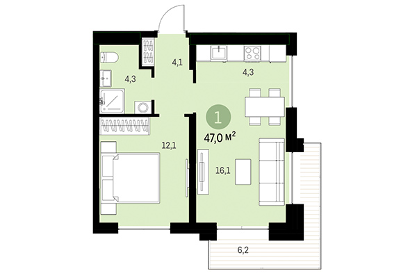 1-комнатная квартира 47,00 м² в Европейский берег. Планировка