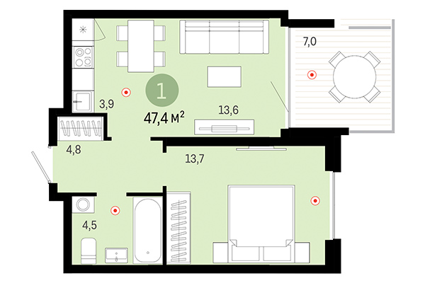 1-комнатная квартира 47,40 м² в Европейский берег. Планировка