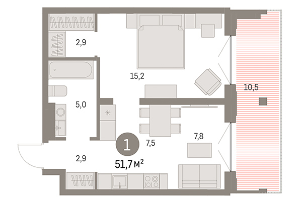 1-комнатная квартира 51,07 м² в Европейский берег. Планировка