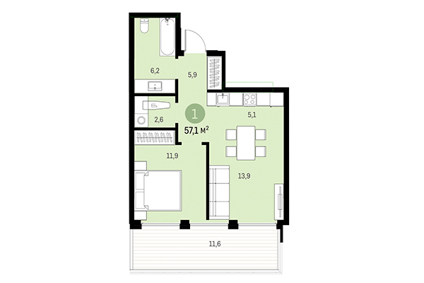 1-комнатная квартира 57,10 м² в Европейский берег. Планировка