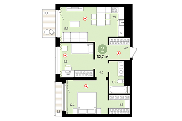 2-комнатная квартира 62,70 м² в Европейский берег. Планировка