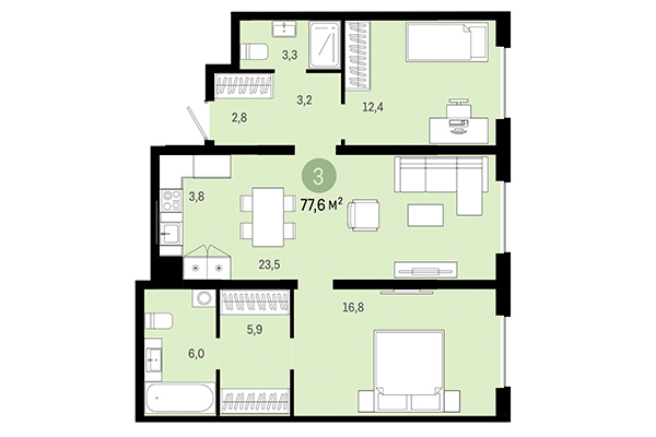 2-комнатная квартира 77,60 м² в Европейский берег. Планировка