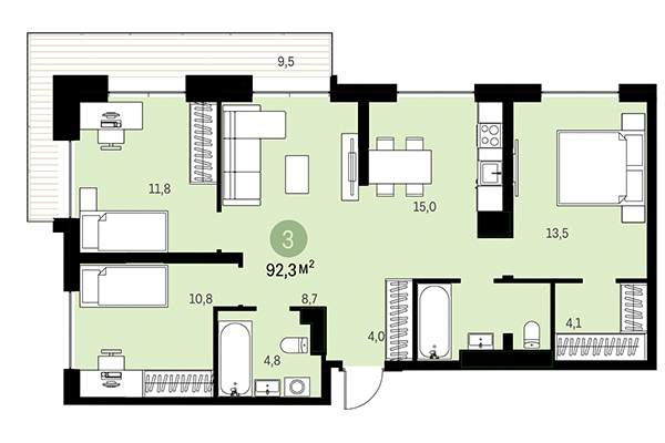 3-комнатная квартира 92,30 м² в Европейский берег. Планировка