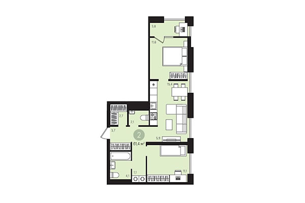 2-комнатная квартира 61,40 м² в Квартал Лебедевский. Планировка