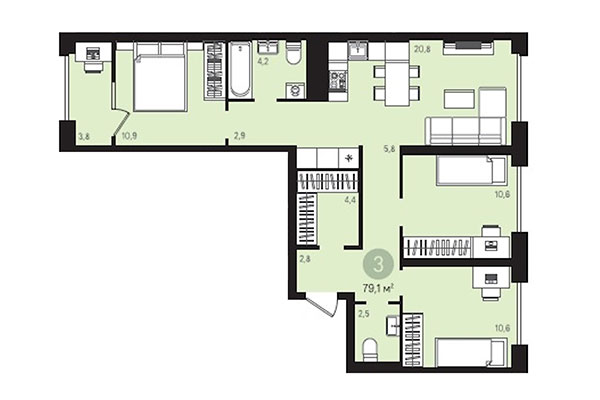 3-комнатная квартира 79,10 м² в Квартал Лебедевский. Планировка