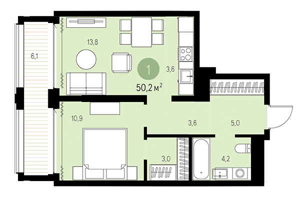 1-комнатная квартира 50,20 м² в Квартал Мылзавод. Планировка