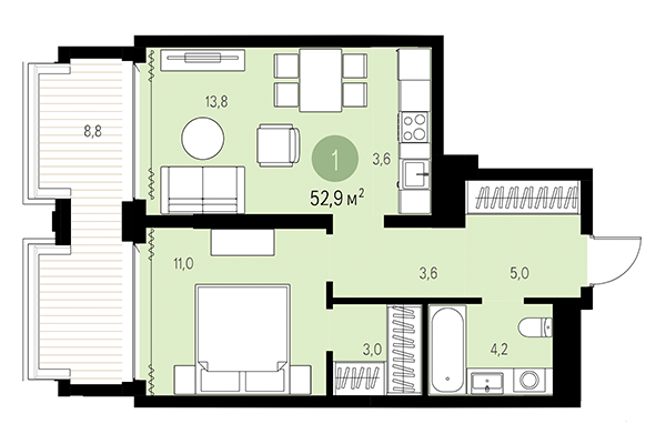 1-комнатная квартира 52,90 м² в Квартал Мылзавод. Планировка