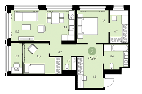 2-комнатная квартира 77,90 м² в Квартал Мылзавод. Планировка