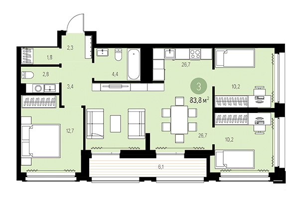 3-комнатная квартира 83,80 м² в Квартал Мылзавод. Планировка