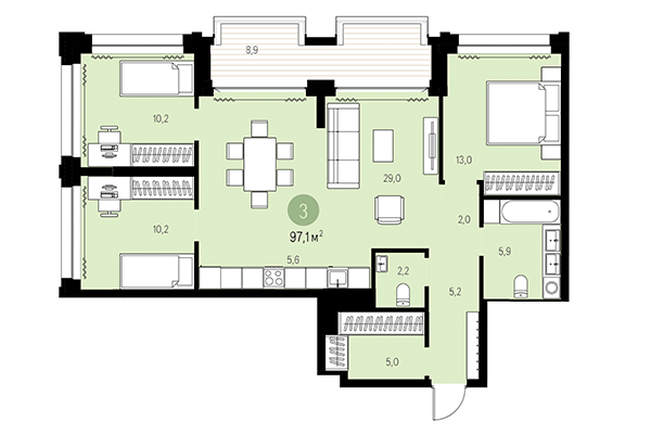 3-комнатная квартира 97,10 м² в Квартал Мылзавод. Планировка
