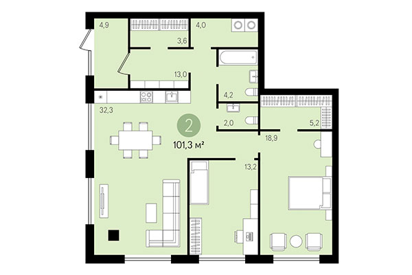 2-комнатная квартира 101,30 м² в Квартал Никитина. Планировка