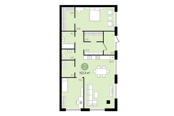 2-комнатная квартира 102,40 м² в Квартал Никитина. Планировка