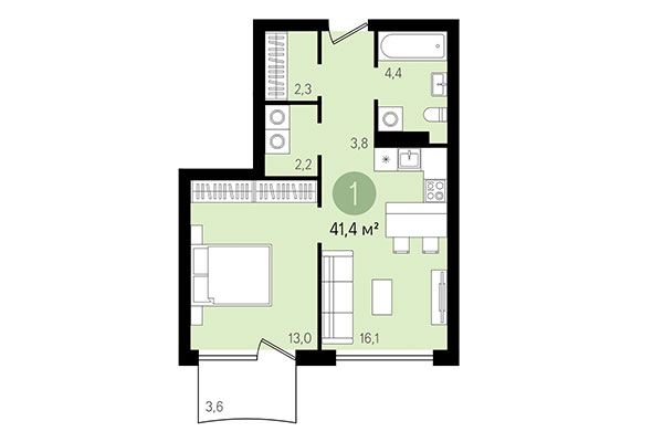 1-комнатная квартира 41,40 м² в Квартал Никитина. Планировка