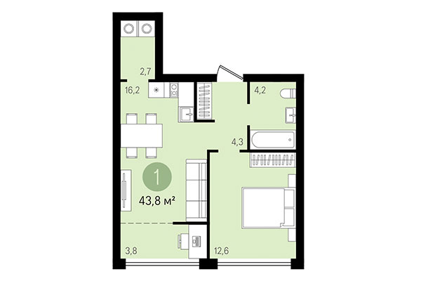 1-комнатная квартира 43,80 м² в Квартал Никитина. Планировка