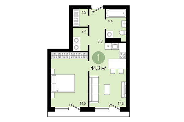 1-комнатная квартира 44,30 м² в Квартал Никитина. Планировка