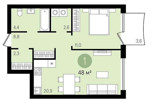 1-комнатная квартира 48,00 м² в Квартал Никитина. Планировка