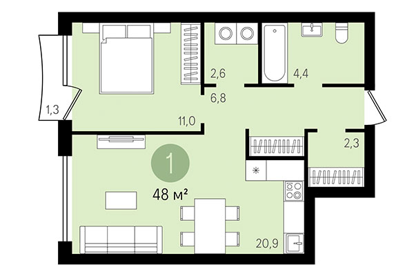 1-комнатная квартира 48,01 м² в Квартал Никитина. Планировка